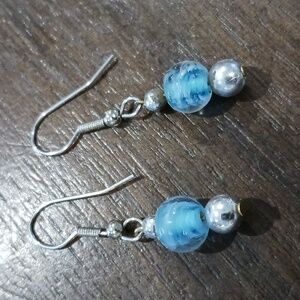 Elegant Blue Beaded Dangle Earrings silver tone